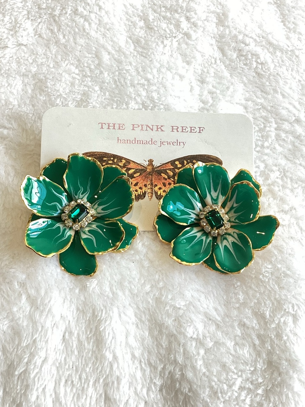 Anthropologie The Pink Reef Handpainted Earrings New Gold Emerald Green May